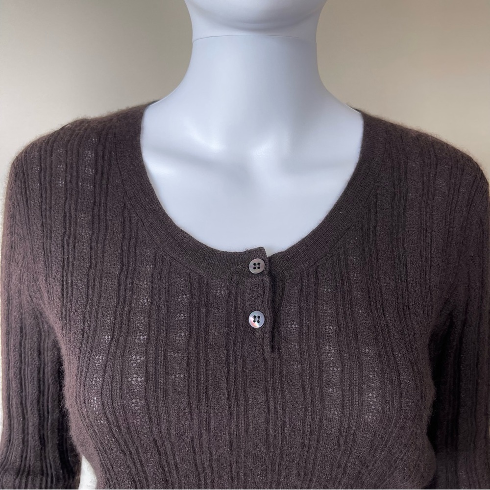 MANRICO CASHMERE SILK CREW NECK SWEATER BUTTON BROWN CABLE KNIT - Picture 9 of 15